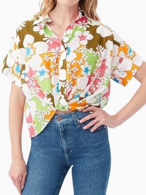 Trina Turk Coty Floral Cotton Tucked Shirt Sz M Colorful Retro Pop Art Blouse
